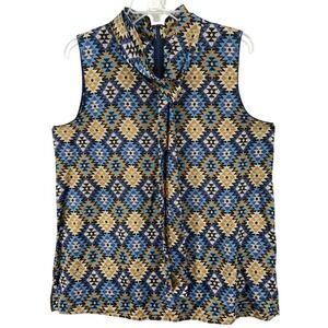 Lafayette 148 Shirt Sz‎ L 100% Silk Tie Neck Sleeveless Blouse Slit Geometric
